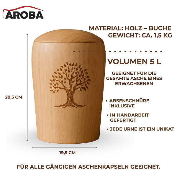 Handgefertigte Urne aus Buchenholz mit Lebensbaum – 5 L Natururne für Erwachsene – Zylindrische Gedenkurne mit Aschekapsel-Einsatz – Symbol für Verbundenheit – Natürlich & chemiefrei