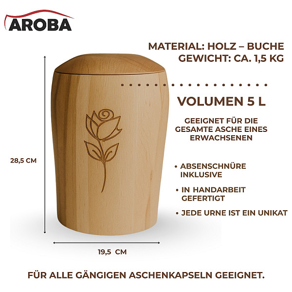 Handgefertigte Urne aus Buchenholz mit Rosenmotiv – 5 L Natururne für Erwachsene in Zylinderform – Gravierte Holzurne ohne Chemie – Symbol für Liebe, Erinnerung, Natur & Würde