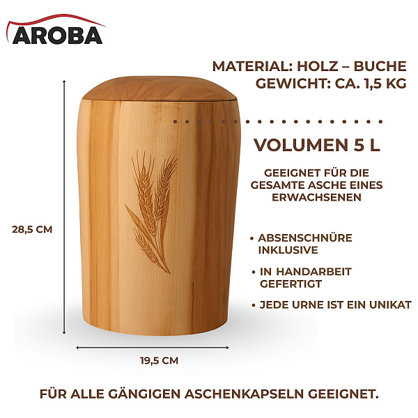 Handgefertigte Urne aus Buchenholz mit Ähren-Gravur – 5 L Natururne für Menschliche Asche – Zylindrische Gedenkurne – Symbol für Dankbarkeit, nachhaltig & chemiefrei verarbeitet