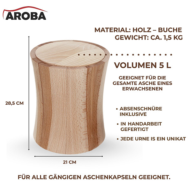 Handgefertigte Urne aus Buchenholz in Zylinderform – 5 L Volumen für Menschliche Asche – Natururne für Aschekapsel – geölt, schadstofffrei, schlicht, nachhaltig & stabil