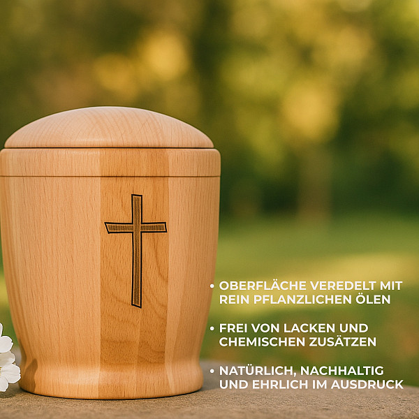 Handgefertigte Urne aus Buchenholz in Zylinderform mit Kreuz – 5 L Volumen für Menschliche Asche – Natururne für Aschekapsel – geölt, nachhaltig, spirituell, schlicht & würdevoll