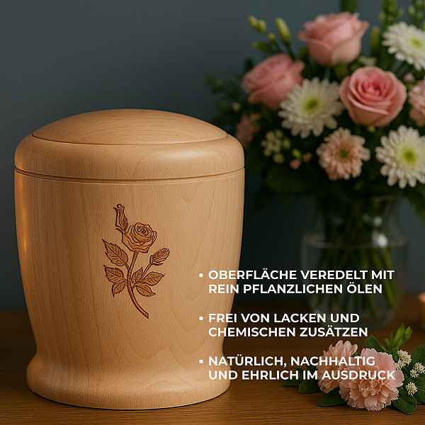 Handgefertigte Urne aus Buchenholz mit Rose – 5 L Volumen für Erwachsene – Zylindrische Natururne mit Gravur für Aschekapsel – Nachhaltig, chemiefrei, stilvoll & hochwertig