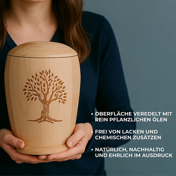 Handgefertigte Urne aus Buchenholz mit Lebensbaum – 5 L Natururne für Erwachsene – Zylindrische Gedenkurne mit Aschekapsel-Einsatz – Symbol für Verbundenheit – Natürlich & chemiefrei