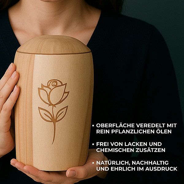 Handgefertigte Urne aus Buchenholz mit Rosenmotiv – 5 L Natururne für Erwachsene in Zylinderform – Gravierte Holzurne ohne Chemie – Symbol für Liebe, Erinnerung, Natur & Würde
