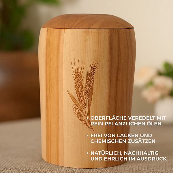 Handgefertigte Urne aus Buchenholz mit Ähren-Gravur – 5 L Natururne für Menschliche Asche – Zylindrische Gedenkurne – Symbol für Dankbarkeit, nachhaltig & chemiefrei verarbeitet