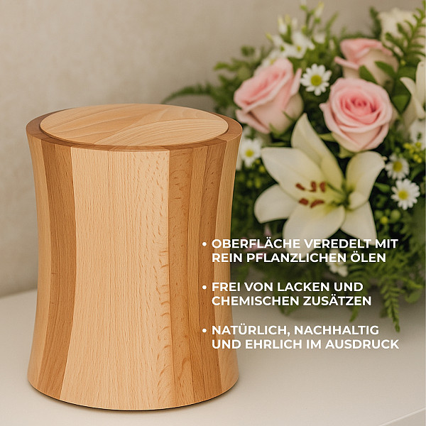 Handgefertigte Urne aus Buchenholz in Zylinderform – 5 L Volumen für Menschliche Asche – Natururne für Aschekapsel – geölt, schadstofffrei, schlicht, nachhaltig & stabil