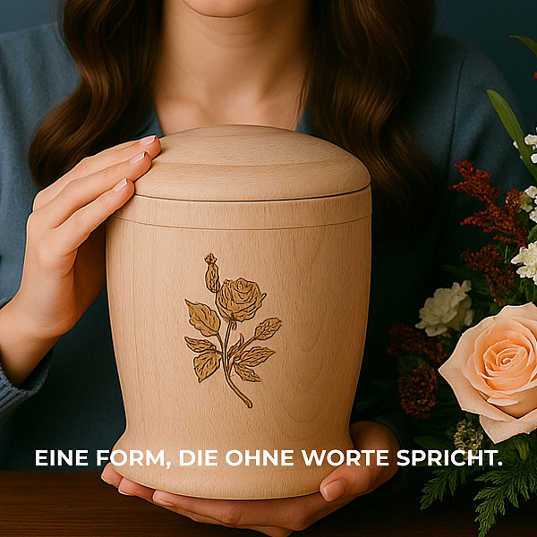 Handgefertigte Urne aus Buchenholz mit Rose – 5 L Volumen für Erwachsene – Zylindrische Natururne mit Gravur für Aschekapsel – Nachhaltig, chemiefrei, stilvoll & hochwertig