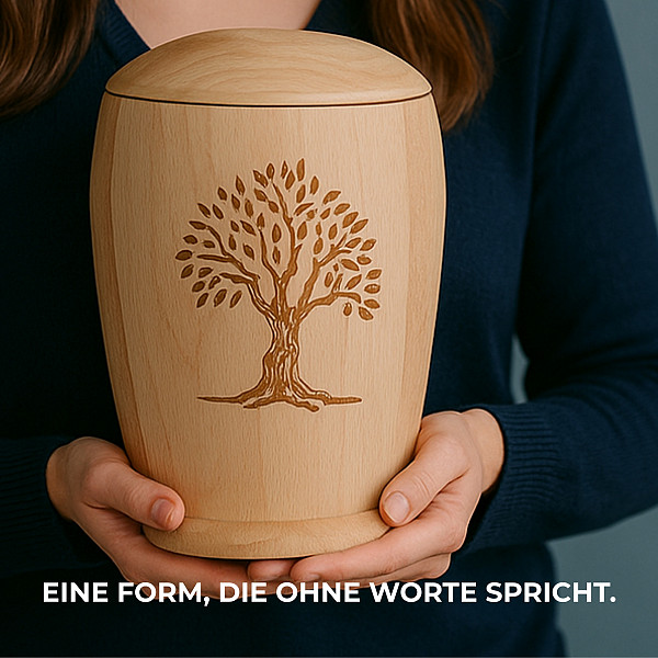 Handgefertigte Urne aus Buchenholz mit Lebensbaum – 5 L Natururne für Erwachsene – Zylindrische Gedenkurne mit Aschekapsel-Einsatz – Symbol für Verbundenheit – Natürlich & chemiefrei