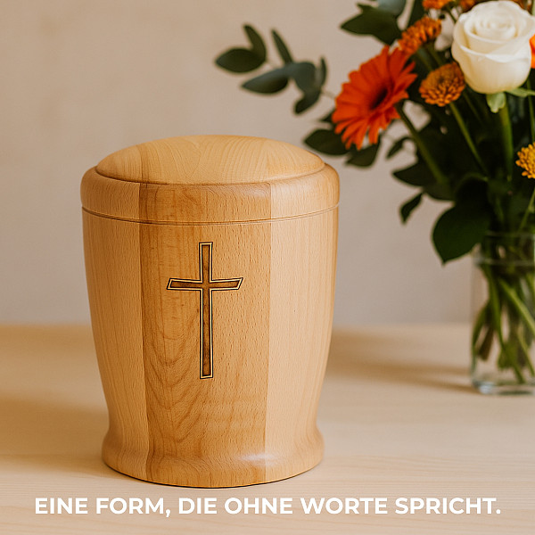 Handgefertigte Urne aus Buchenholz in Zylinderform mit Kreuz – 5 L Volumen für Menschliche Asche – Natururne für Aschekapsel – geölt, nachhaltig, spirituell, schlicht & würdevoll