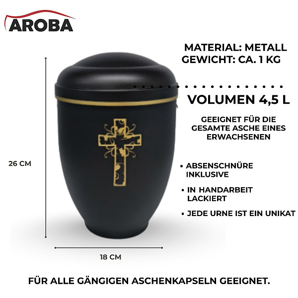 Handgefertigte Urne aus mattschwarzem Metall mit goldenem Kreuz – 4,5 L für Menschliche Asche – Christliche Gedenkurne mit Aschekapsel-Einsatz – Symbol für Trost, Glauben & Ewigkeit