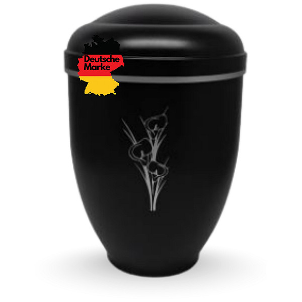 Handgefertigte Urne aus mattschwarzem Metall mit Calla-Gravur – 4,5 L für Menschliche Asche – Ovale Gedenkurne mit Aschekapsel-Einsatz – Zeitlos, elegant, würdevoll & symbolisch