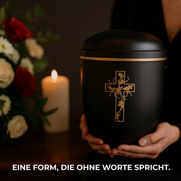 Handgefertigte Urne aus mattschwarzem Metall mit goldenem Kreuz – 4,5 L für Menschliche Asche – Christliche Gedenkurne mit Aschekapsel-Einsatz – Symbol für Trost, Glauben & Ewigkeit