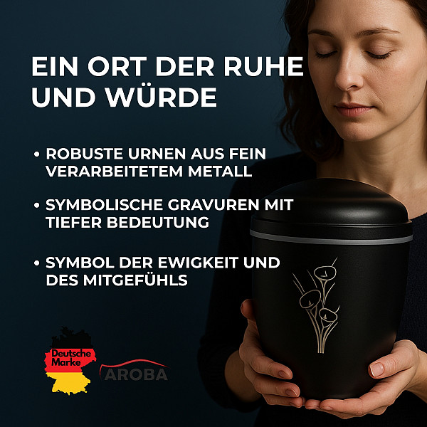 Handgefertigte Urne aus mattschwarzem Metall mit Calla-Gravur – 4,5 L für Menschliche Asche – Ovale Gedenkurne mit Aschekapsel-Einsatz – Zeitlos, elegant, würdevoll & symbolisch