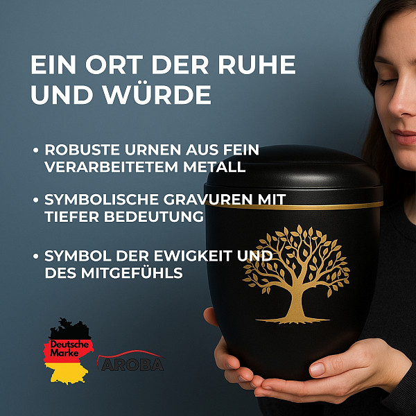 Handgefertigte Urne aus mattschwarzem Metall mit Lebensbaumgravur – 4,5 L Volumen für Menschliche Asche – Gedenkurne mit Aschekapsel-Einsatz – Symbol für Spiritualität, Stil & Zeitlosigkeit