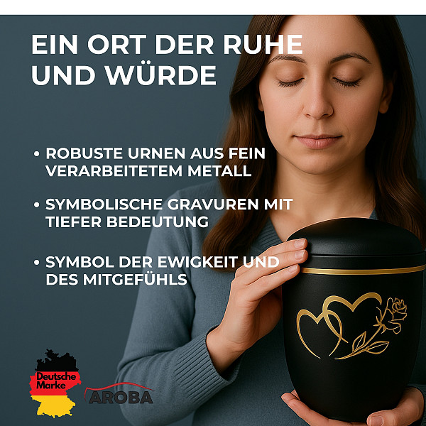 Handgefertigte Urne aus mattschwarzem Metall mit goldener Doppelherz- & Rosen-Gravur – 4,5 L für Menschliche Asche – Gedenkurne mit Aschekapsel-Einsatz – Symbol für Liebe, Treue & Erinnerung