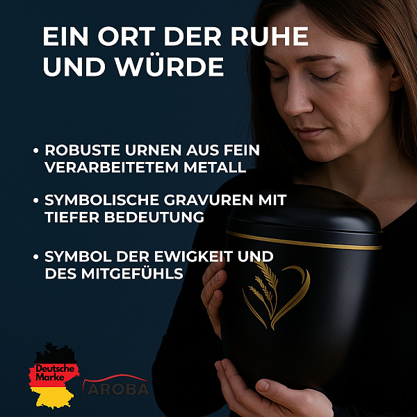 Handgefertigte Urne aus mattschwarzem Metall mit goldener Ähren-Gravur – 4,5 L Volumen für Menschliche Asche – Gedenkurne mit Aschekapsel-Einsatz – Symbol für Ernte, Leben & Ewigkeit