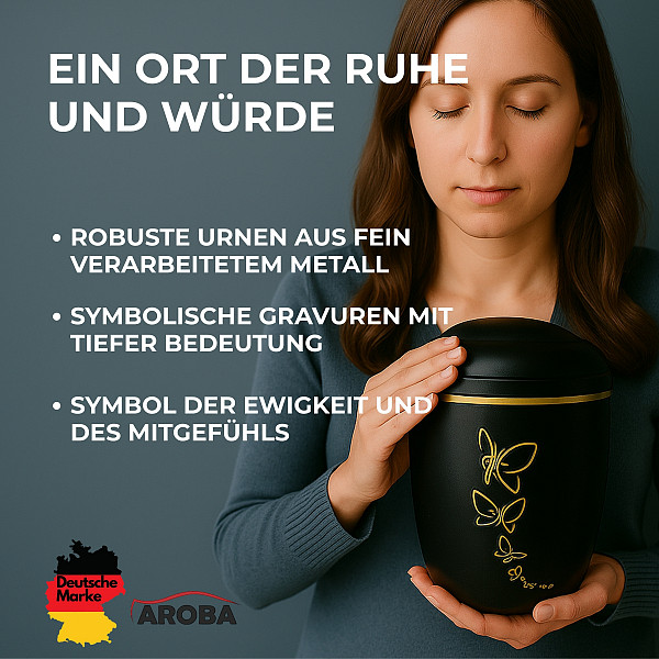 Handgefertigte Urne aus mattschwarzem Metall mit goldener Schmetterlings-Gravur – 4,5 L für Menschliche Asche – Gedenkurne mit Aschekapsel-Einsatz – Symbol für Freiheit & Seelenreise