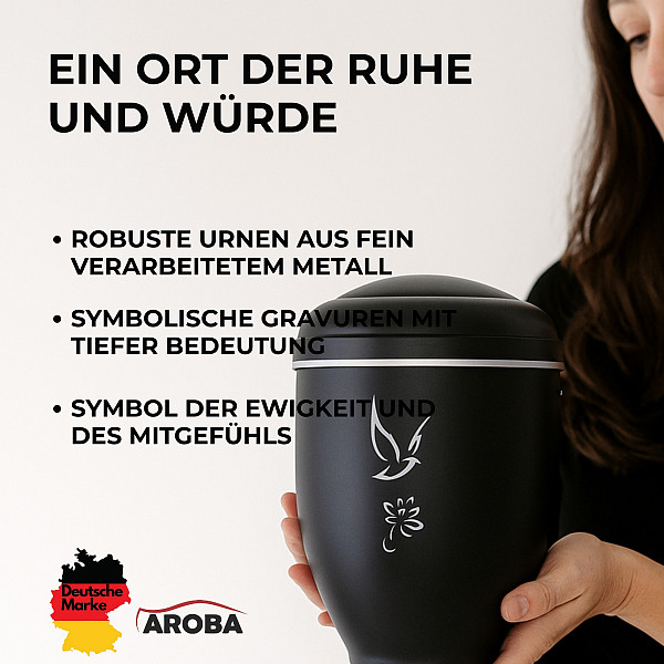 Handgefertigte Urne aus mattschwarzem Metall mit weißer Taube & Blume – 4,5 L für Menschliche Asche – Gedenkurne mit Aschekapsel-Einsatz – Symbol für Frieden – Stilvoll & handlich