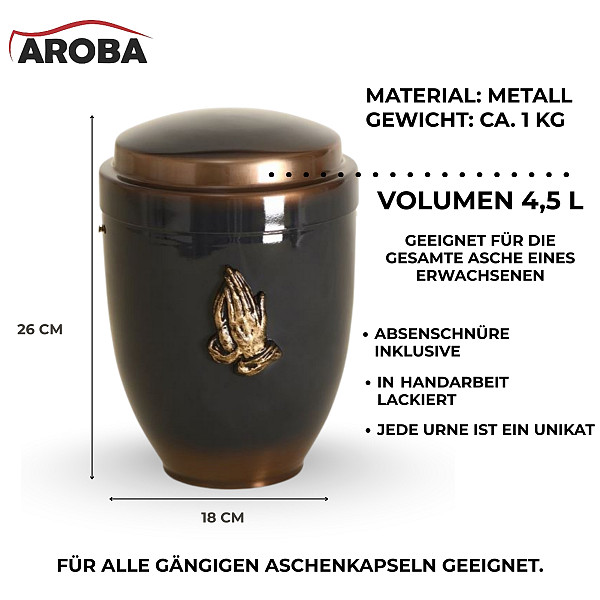 Handgefertigte Urne aus mattschwarzem Metall mit Rosen-Gravur – 4,5 L für Menschliche Asche – Gedenkurne mit Aschekapsel-Einsatz – Symbol für Liebe, Erinnerung & würdevollen Abschied