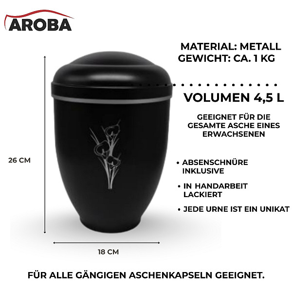Handgefertigte Urne aus mattschwarzem Metall mit Calla-Gravur – 4,5 L für Menschliche Asche – Ovale Gedenkurne mit Aschekapsel-Einsatz – Zeitlos, elegant, würdevoll & symbolisch
