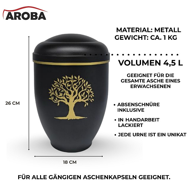 Handgefertigte Urne aus mattschwarzem Metall mit Lebensbaumgravur – 4,5 L Volumen für Menschliche Asche – Gedenkurne mit Aschekapsel-Einsatz – Symbol für Spiritualität, Stil & Zeitlosigkeit