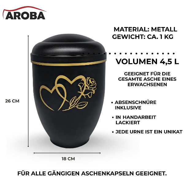 Handgefertigte Urne aus mattschwarzem Metall mit goldener Doppelherz- & Rosen-Gravur – 4,5 L für Menschliche Asche – Gedenkurne mit Aschekapsel-Einsatz – Symbol für Liebe, Treue & Erinnerung