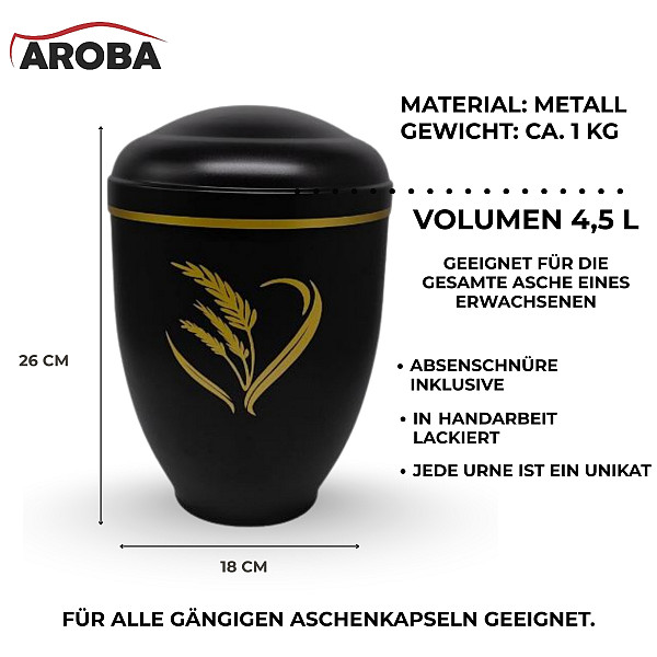 Handgefertigte Urne aus mattschwarzem Metall mit goldener Ähren-Gravur – 4,5 L Volumen für Menschliche Asche – Gedenkurne mit Aschekapsel-Einsatz – Symbol für Ernte, Leben & Ewigkeit