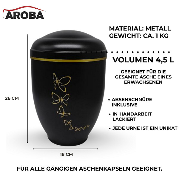 Handgefertigte Urne aus mattschwarzem Metall mit goldener Schmetterlings-Gravur – 4,5 L für Menschliche Asche – Gedenkurne mit Aschekapsel-Einsatz – Symbol für Freiheit & Seelenreise
