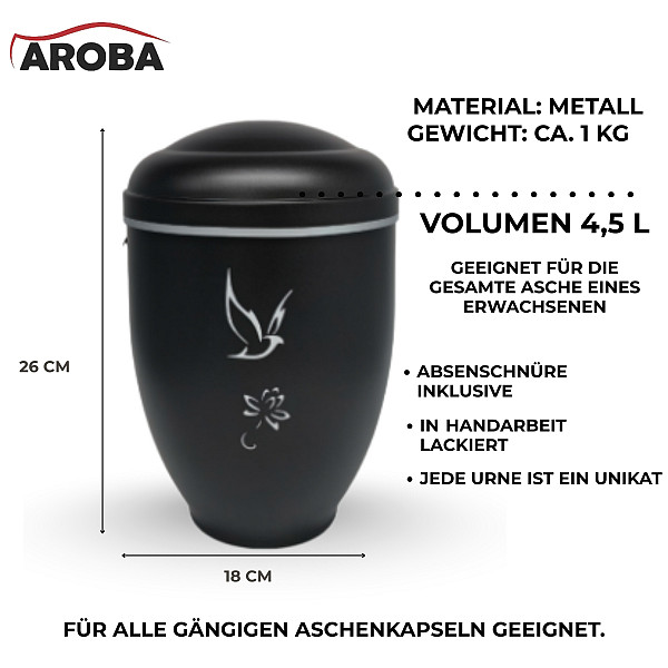 Handgefertigte Urne aus mattschwarzem Metall mit weißer Taube & Blume – 4,5 L für Menschliche Asche – Gedenkurne mit Aschekapsel-Einsatz – Symbol für Frieden – Stilvoll & handlich