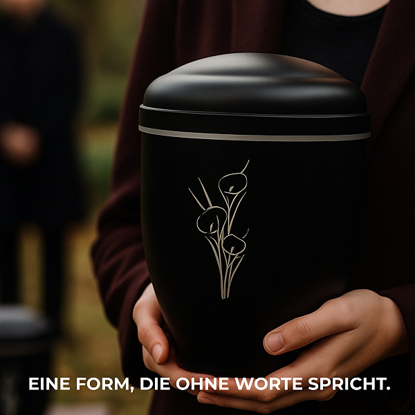 Handgefertigte Urne aus mattschwarzem Metall mit Calla-Gravur – 4,5 L für Menschliche Asche – Ovale Gedenkurne mit Aschekapsel-Einsatz – Zeitlos, elegant, würdevoll & symbolisch