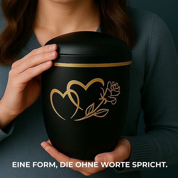 Handgefertigte Urne aus mattschwarzem Metall mit goldener Doppelherz- & Rosen-Gravur – 4,5 L für Menschliche Asche – Gedenkurne mit Aschekapsel-Einsatz – Symbol für Liebe, Treue & Erinnerung