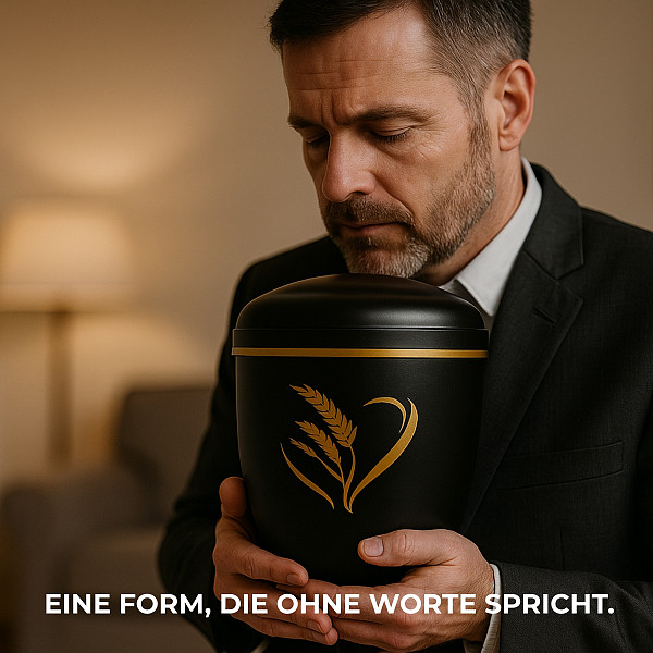 Handgefertigte Urne aus mattschwarzem Metall mit goldener Ähren-Gravur – 4,5 L Volumen für Menschliche Asche – Gedenkurne mit Aschekapsel-Einsatz – Symbol für Ernte, Leben & Ewigkeit