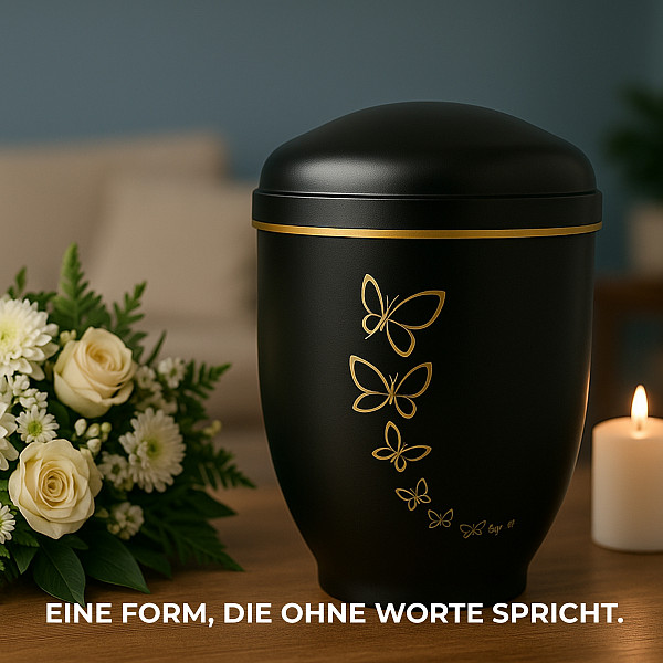 Handgefertigte Urne aus mattschwarzem Metall mit goldener Schmetterlings-Gravur – 4,5 L für Menschliche Asche – Gedenkurne mit Aschekapsel-Einsatz – Symbol für Freiheit & Seelenreise