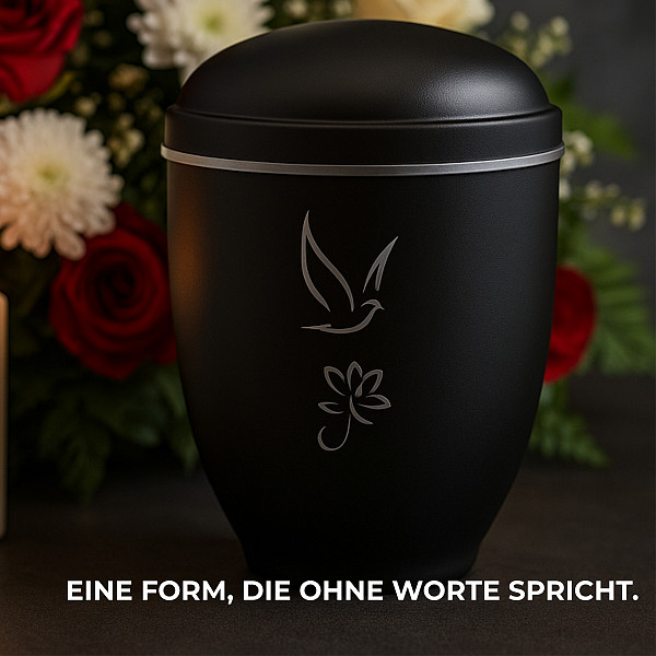 Handgefertigte Urne aus mattschwarzem Metall mit weißer Taube & Blume – 4,5 L für Menschliche Asche – Gedenkurne mit Aschekapsel-Einsatz – Symbol für Frieden – Stilvoll & handlich