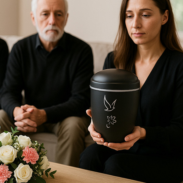 Handgefertigte Urne aus mattschwarzem Metall mit weißer Taube & Blume – 4,5 L für Menschliche Asche – Gedenkurne mit Aschekapsel-Einsatz – Symbol für Frieden – Stilvoll & handlich