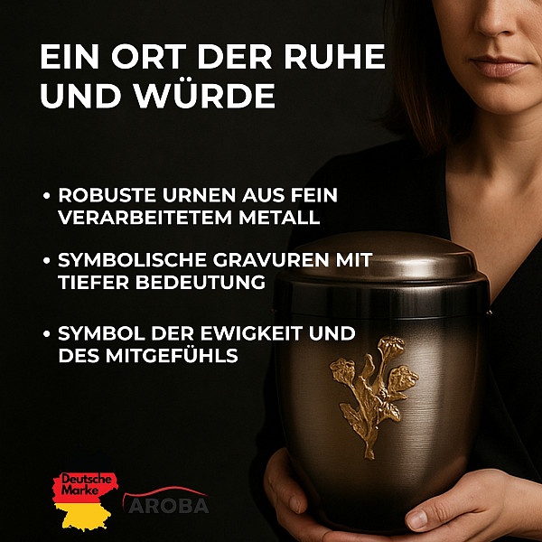 Handcrafted Silver-Anthracite Metal Urn with Gold-Plated Rose – 4.5L Memorial Urn for Adult Ashes with Ash Capsule Insert – Classic, Elegant & Dignified