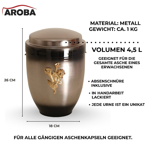 Handcrafted Silver-Anthracite Metal Urn with Gold-Plated Rose – 4.5L Memorial Urn for Adult Ashes with Ash Capsule Insert – Classic, Elegant & Dignified
