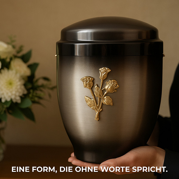 Handcrafted Silver-Anthracite Metal Urn with Gold-Plated Rose – 4.5L Memorial Urn for Adult Ashes with Ash Capsule Insert – Classic, Elegant & Dignified