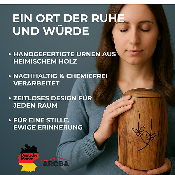 Handgefertigte Urne aus Nussbaumholz mit Schmetterlingsgravur – 5 L Natururne für Erwachsene – Zylindrische Gedenkurne für Aschekapsel – Symbol für Seele, Wandel – Chemiefrei & stilvoll