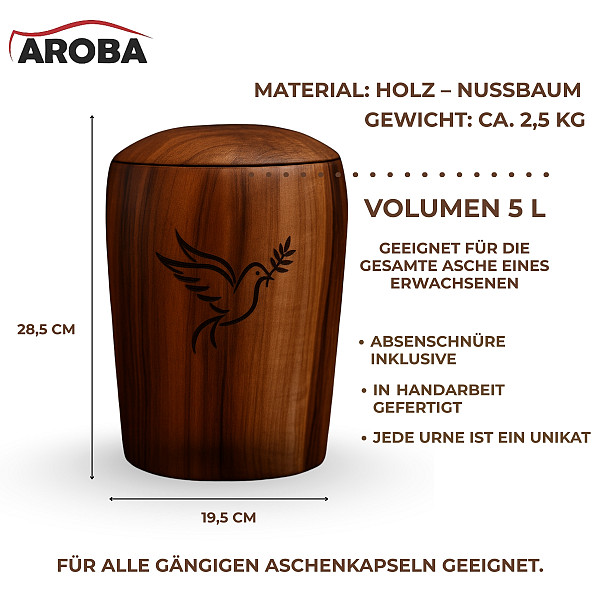 Handcrafted Walnut Wood Urn with Bird Engraving – 5L Natural Urn for Adult Ashes – Cylindrical Memorial Urn for Ash Capsule – Symbol of Peace & Freedom, Elegant & Chemical-Free