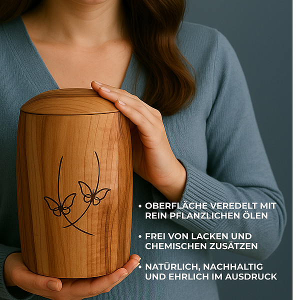 Handgefertigte Urne aus Nussbaumholz mit Schmetterlingsgravur – 5 L Natururne für Erwachsene – Zylindrische Gedenkurne für Aschekapsel – Symbol für Seele, Wandel – Chemiefrei & stilvoll