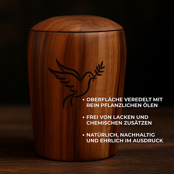 Handcrafted Walnut Wood Urn with Bird Engraving – 5L Natural Urn for Adult Ashes – Cylindrical Memorial Urn for Ash Capsule – Symbol of Peace & Freedom, Elegant & Chemical-Free