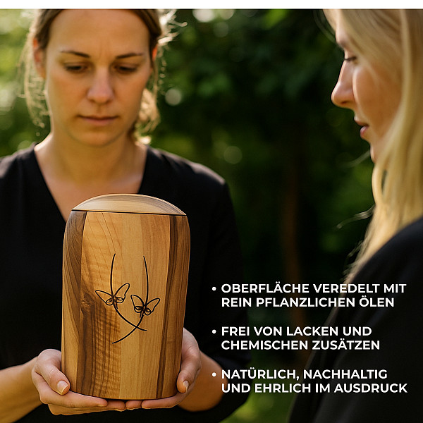 Handgefertigte Urne aus Nussbaumholz mit Schmetterlingsgravur – 5 L Natururne für Erwachsene – Zylindrische Gedenkurne für Aschekapsel – Symbol für Seele, Wandel – Chemiefrei & stilvoll
