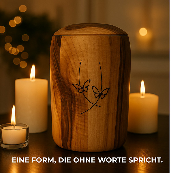 Handgefertigte Urne aus Nussbaumholz mit Schmetterlingsgravur – 5 L Natururne für Erwachsene – Zylindrische Gedenkurne für Aschekapsel – Symbol für Seele, Wandel – Chemiefrei & stilvoll