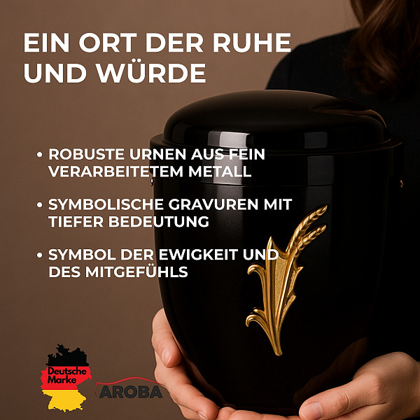 Handgefertigte Urne aus schwarzem Metall mit goldener Ährenapplikation – 4,5 L für Menschliche Asche – Gedenkurne mit Aschekapsel-Einsatz – Symbol für Dankbarkeit, Ewigkeit & Natur