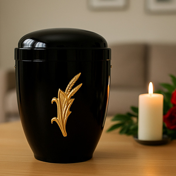 Handgefertigte Urne aus schwarzem Metall mit goldener Ährenapplikation – 4,5 L für Menschliche Asche – Gedenkurne mit Aschekapsel-Einsatz – Symbol für Dankbarkeit, Ewigkeit & Natur