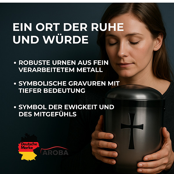 Handgefertigte Urne aus silber-anthrazitfarbenem Metall mit schwarzem Kreuz – 4,5 L für Menschliche Asche – Gedenkurne mit Aschekapsel-Einsatz – Zeitlos, hygienisch & würdevoll