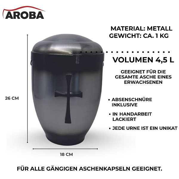 Handgefertigte Urne aus silber-anthrazitfarbenem Metall mit schwarzem Kreuz – 4,5 L für Menschliche Asche – Gedenkurne mit Aschekapsel-Einsatz – Zeitlos, hygienisch & würdevoll