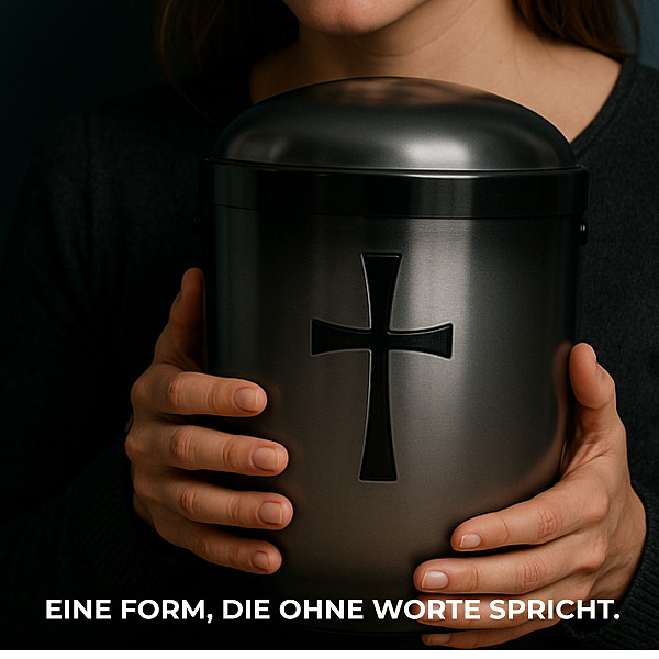 Handgefertigte Urne aus silber-anthrazitfarbenem Metall mit schwarzem Kreuz – 4,5 L für Menschliche Asche – Gedenkurne mit Aschekapsel-Einsatz – Zeitlos, hygienisch & würdevoll