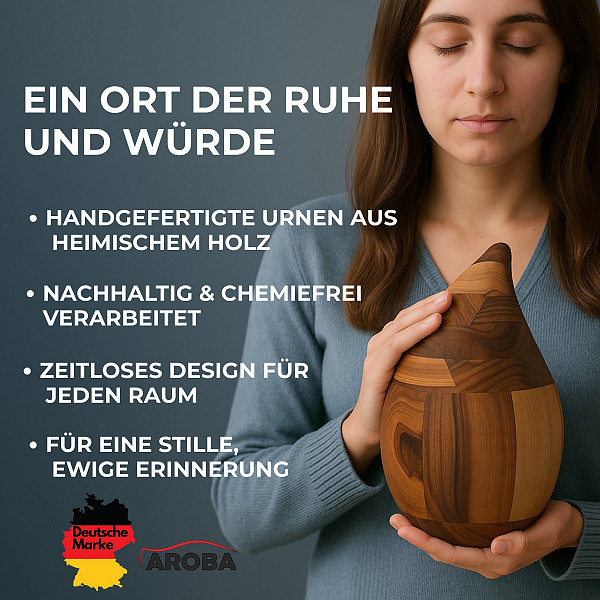 Handgefertigte Urne aus Walnussholz in Tropfenform – 3,1 L Volumen für Asche – Natürliche Gedenkurne mit Bodenöffnung – Stilvoll, biologisch & einzigartig aus heimischer Handarbeit